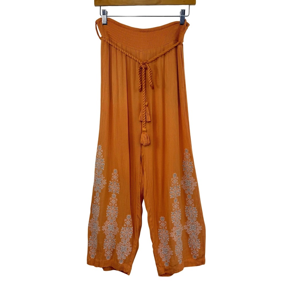 Sundance Embroidered Gauze Wide Leg Pants Pull On Crop XS Boho Tassel Festival